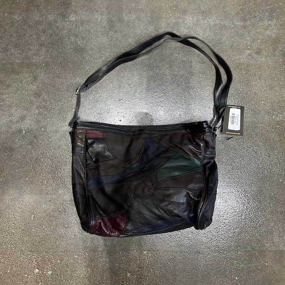 Vintage 90s Patchwork Black Leather Multicolor Retro Shoulder Bag - Picture 5 of 8
